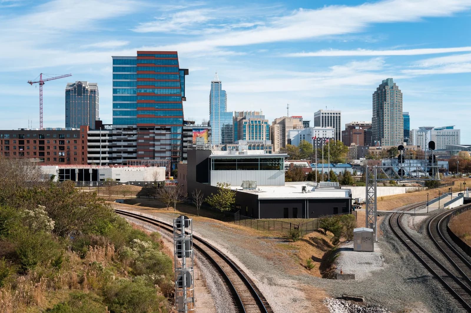 Raleigh skyline with rail lines in the foreground