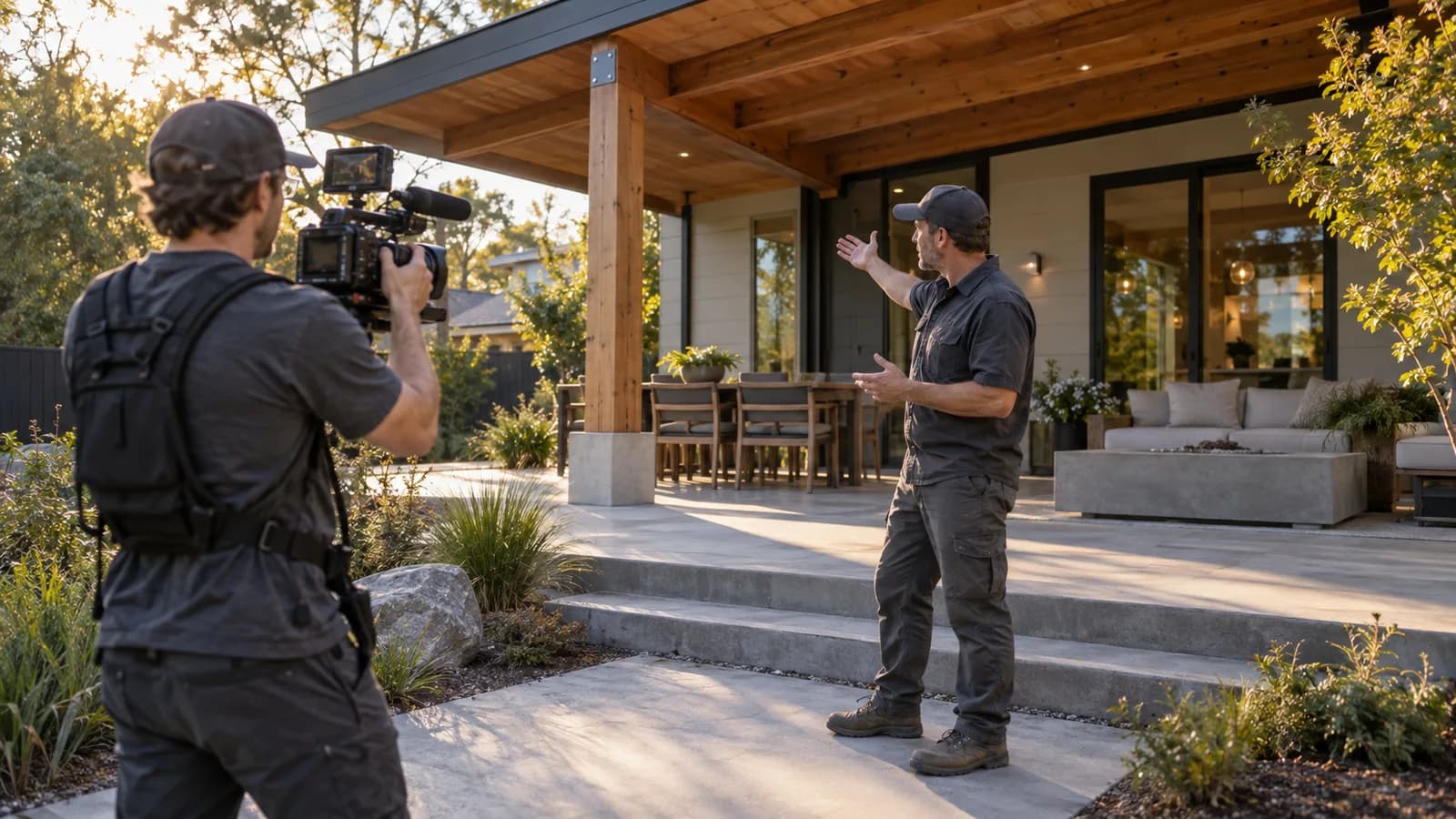 Illustrative contractor explaining a residential project to a videographer outdoors