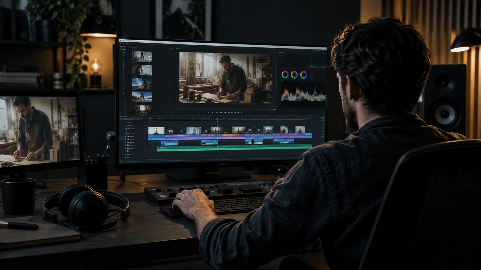 Illustrative video editor shaping workshop footage into a finished story at a post-production desk