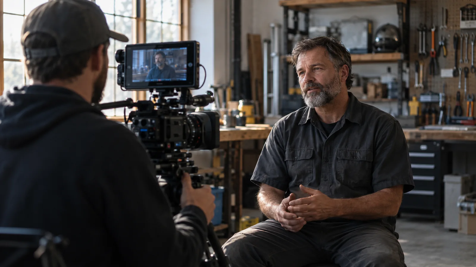 Illustrative behind-the-scenes view of a camera operator interviewing a business owner in a workshop