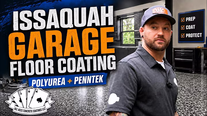 Issaquah garage floor coating YouTube thumbnail showing Bo, the finished floor and All Aces branding.